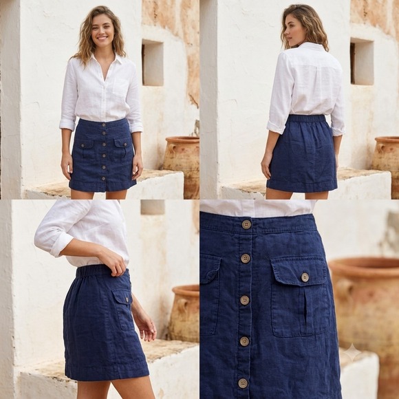 Nicole Miller Dresses & Skirts - Nicole Miller Linen Skirt Womens L Navy Blue Built-in Shorts Button Front Pocket